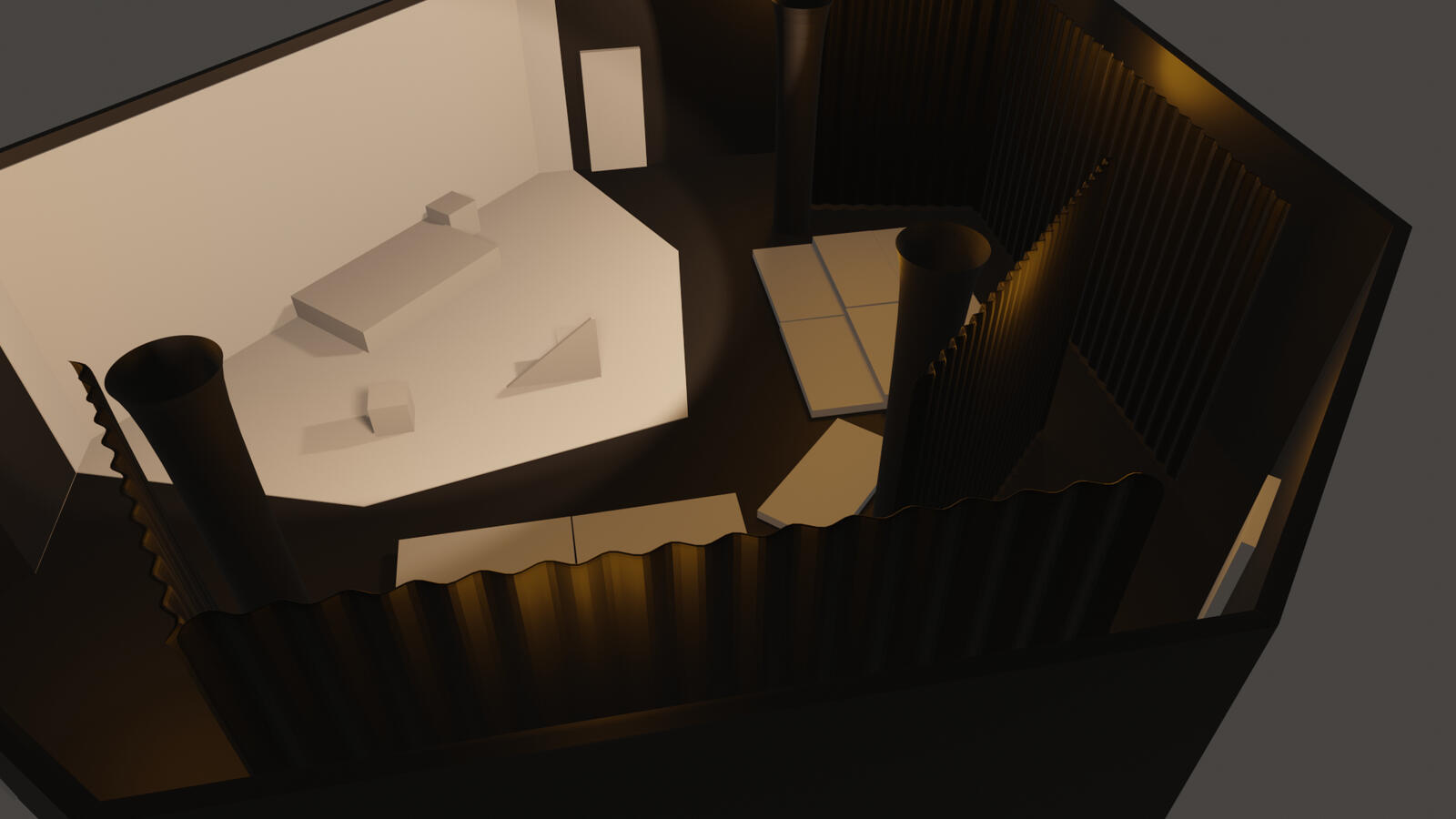 A 3D Rendering of the base set for "MANEATER" a blackbox theater at Boston University